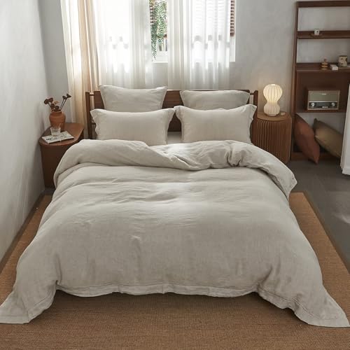 Simple&Opulence 100% Washed Linen Duvet Cover Set with Embroidered,2 Pieces Soft Farmhouse Comforter Set with Button Closure,1 Duvet Cover and 1 Pillowsham(Twin,Natural Linen) - color: Embroidery Linen, size: Twin