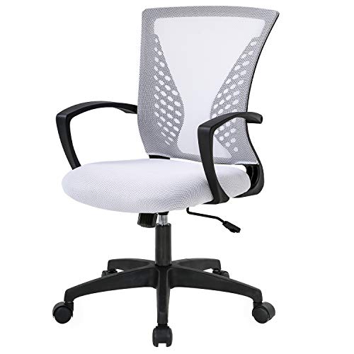 Home Office Chair Mid Back PC Swivel Lumbar Support Adjustable Desk Task Computer Ergonomic Comfortable Mesh Chair with Armrest (White) - color: White