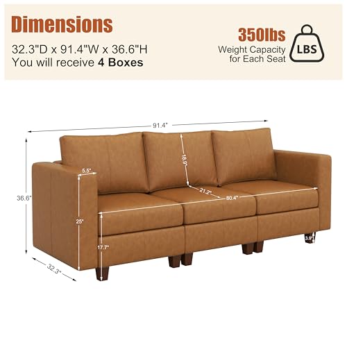 MINCETA Modular Sectional Sofa, Modern Comfy Sofa with Upholstered and Storage Ottoman for Living Room,Bedroom(Brown, 3 Seat Sofa) - color: Brown, size: 91.4"W*32.3"D
