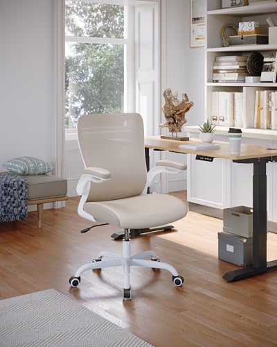 Office Chair, PU Leather Ergonomic Desk Chair with Adjustable Lumbar Support and Flip up Armrest, Breathable Mesh Computer Chair for Home Office, Khaki - color: Cream Khaki (Pu Leather Seat)