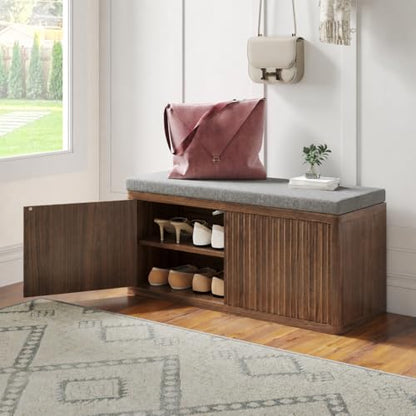 Shoe Cabinet Bench with Cushion,Double Layered Wooden Shoe Bench with Soft Cushion,Shoe Rack for Entryway,Bedroom,Living Room (Walnut Sturdy Entryway Bench) - color: 2 Door Walnut Sturdy Entryway Bench