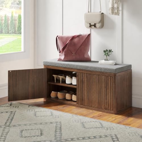 Shoe Cabinet Bench with Cushion,Double Layered Wooden Shoe Bench with Soft Cushion,Shoe Rack for Entryway,Bedroom,Living Room (Walnut Sturdy Entryway Bench) - color: 2 Door Walnut Sturdy Entryway Bench