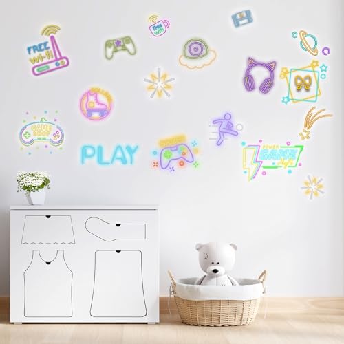 Neon Gaming Wall Stickers for Kids, Neon Gamer Wall Stickers for Children Room, Neon Video Game Character Removable Stickers for Baby Kids Nursery Girls Bedroom Living Room Playroom Wall Decoration - style: Neon Gaming