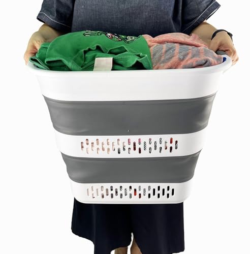SAMMART 40L (10.5 Gallon) Collapsible Plastic Laundry Basket - Foldable Pop Up Storage Container/Organizer - Portable Laundry Hamper - Space Saving (1, White/Steel Grey) - color: White/Steel Grey