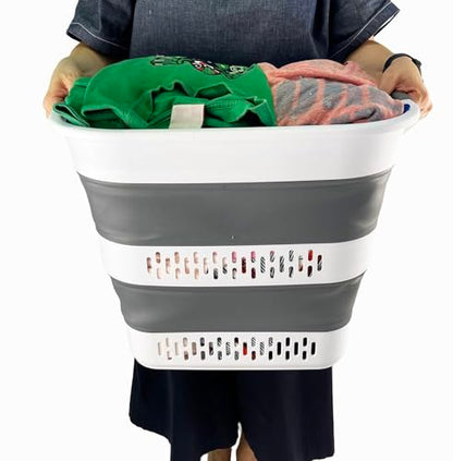 SAMMART 40L (10.5 Gallon) Collapsible Plastic Laundry Basket - Foldable Pop Up Storage Container/Organizer - Portable Laundry Hamper - Space Saving (1, White/Steel Grey) - color: White/Steel Grey