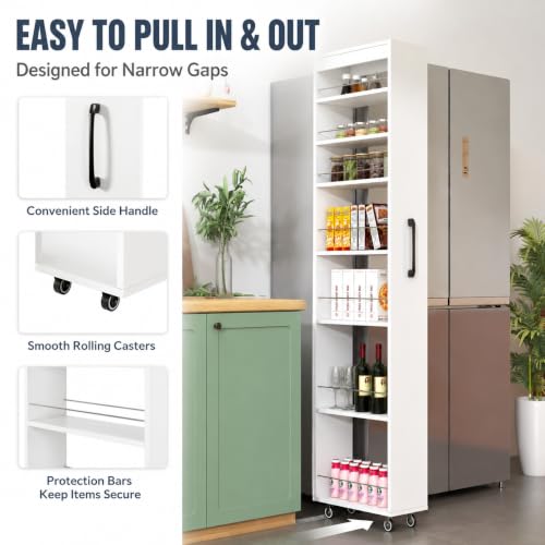 7-Shelf Tall Narrow Storage Cabinet with Wheels, 71 Inch, White | Slim Pull-Out Organizer, 7.87 Inch Wide for Small Spaces Between Washer/Dryer, Kitchen, Bathroom and Laundry Room - color: E-white