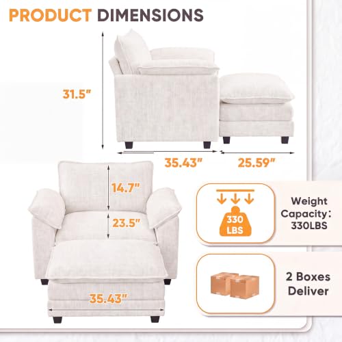 Homall Sofa Accent Chair with Ottoman, 35" Reading Chair, White | Comfy Chenille, Double Layer Cushion, Wide Armrest, Deep Seat, Sturdy Frame, High-Density Foam, Single Sofa for Living Room - color: White, size: Single Sofa Chair