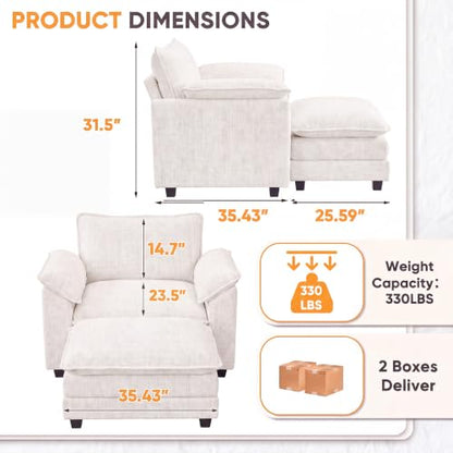 Homall Sofa Accent Chair with Ottoman, 35" Reading Chair, White | Comfy Chenille, Double Layer Cushion, Wide Armrest, Deep Seat, Sturdy Frame, High-Density Foam, Single Sofa for Living Room - color: White, size: Single Sofa Chair