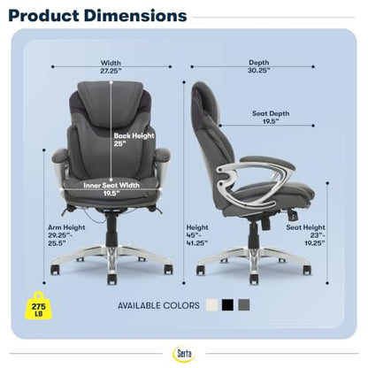 Serta Bryce Executive Office Chair - Ergonomic Computer Desk Chair with Patented AIR Lumbar Technology - Adjustable Height - Memory Foam Body Pillows - 360° Swivel Rolling Base - Bonded Leather - Gray - color: Grey