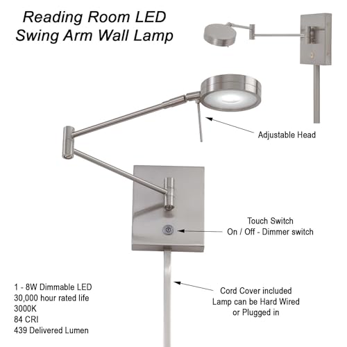 GEORGE KOVACS P4308-084 George's Reading Room LED Swing Arm Wall Lamp, 1-Light, 8 Total Watts, 6.25-in H x 13.75-in W, Brushed Nickel - color: Brushed Nickel