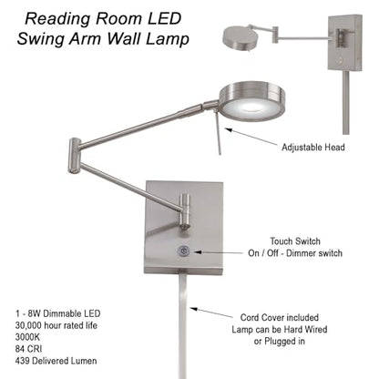 GEORGE KOVACS P4308-084 George's Reading Room LED Swing Arm Wall Lamp, 1-Light, 8 Total Watts, 6.25-in H x 13.75-in W, Brushed Nickel - color: Brushed Nickel