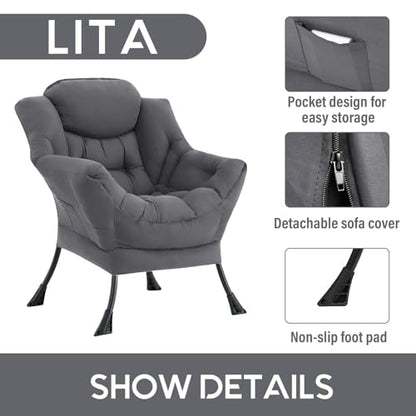 Lazy Chair with Ottoman, Comfy Accent Reading Chair, Dark Grey | Foldable Footrest,Removable Cover,with Armrests and Side Pockets,Upholstered Lounge Chair for Bedroom,Dorm,Office,Small Space - color: Single Dark Grey