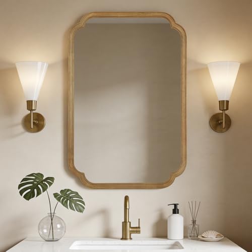 24" x 36" Rounded Corner Arch Wall Mirror with Wood Frame for Entryway, Living Room or Bedroom Home Decor - Light Woodgrain 24" x 36" Natural Color - color: Natural a, size: 36"L x 24"W