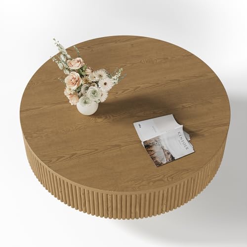 YOUDENOVA 31.5” Round Fluted Coffee Table, Modern Wood Circle Coffee Table, Veneer Handcrafted Relief Tea Table with Sturdy Pedestal for Living Room - Natural - color: 31" Natural-round