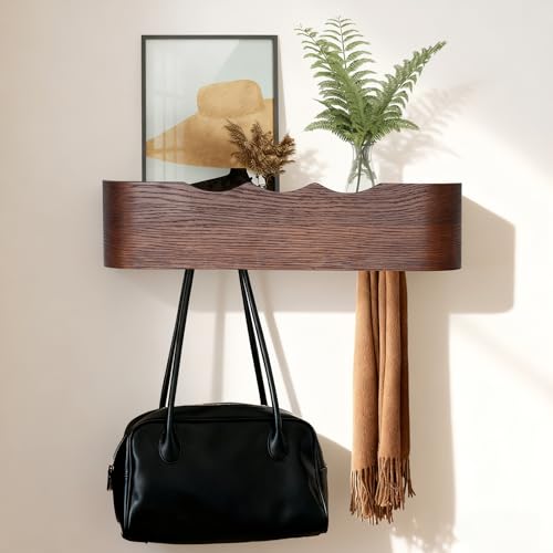 Coat Rack Wall Mount with Shelf Entryway Shelf Modern Key Holder Hanger Wall Shelves with Hidden Hooks for Hanging Towels Coats Hats Bags for Hallway Bathroom Bedroom(Wavy Walnut Color, 4 Hooks) - color: Wavy Walnut Color, size: 4 hooks
