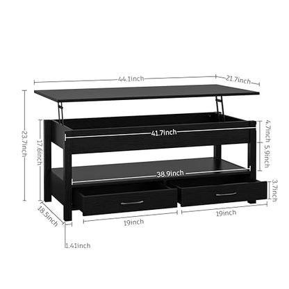 Panana Coffee Table, Lift Top Coffee Table with Hidden Compartment, 2 Drawers and 1 Open Shelf, Retro Central Wooden Table Lift Tabletop for Living Room (Black) - color: Black