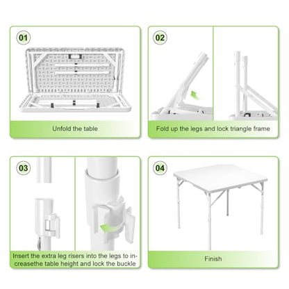 34" Square Folding Table, Plastic Card Table with Carrying Handle, Fold-in-Half Utility Portable Dining Tables Indoor Outdoor for Kitchen, Party, Picnic, Camping, Office, Wedding, White