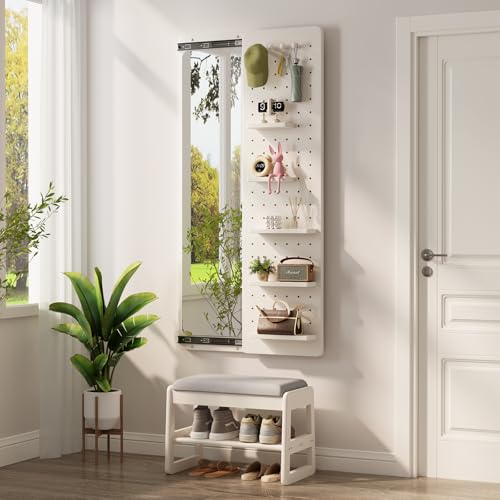 KungFuWood Full Length Mirror with Shelf and Hooks,Entry Way Mirrors for Wall,Wall Mirror with Shelf,Wall Mirror with Storage Multifunctional Design Panel,Living Room - color: White, size: 63"L x 18"W