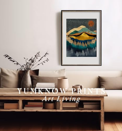 YUMKNOW Boho Mountain Wall Decor - Unframed 16x20, Bedroom Pictures, Abstract Office Gifts, Posters for Room Aesthetic, Teal Bathroom Decorations, Mid Century Modern Nature Wall Art for Living Room, - size: 16"L x 20"W