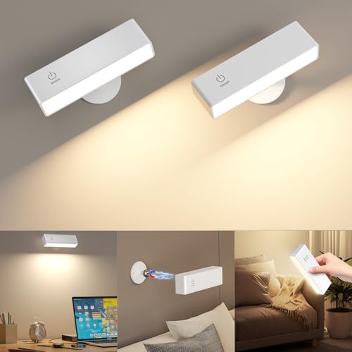 YiLaie LED Magnetic Wall Sconce Lights, 2Pack 4000mAh Battery Operated Wall Sconce, USB Rechargeable Wall Lights with Touch Controls & Brightness Adjustment, 360° Rotate Wall Mounted Reading Llight - color: White, size: 2Pack-Touch Control