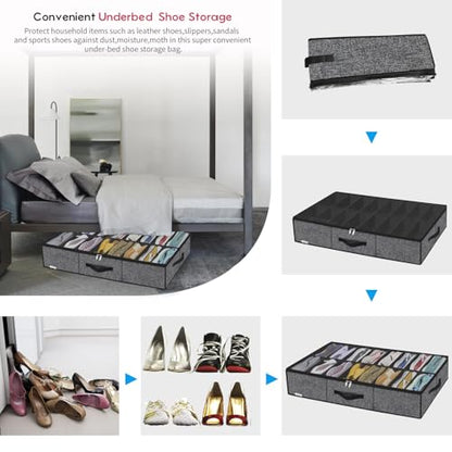 Onlyeasy Sturdy Under Bed Shoe Storage Organizer with Handles and Clear Window Fit 16 to 32 Pairs, Premium Foldable Shoes Container Box for Closet, 37.7x 23.6x 5.9 inch, Cotton-like Black, MXBUBS16P2 - color: 2 Shoes (16+16 Cells) Cotton-like Black