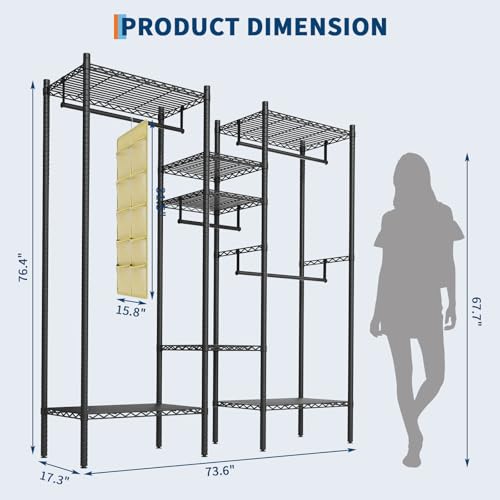 PioneerWorks Heavy Duty Garment Rack 1210 LBS, Commercial Clothing Rack with 4 Adjustable Shelves, Freestanding Wardrobe Closet Organizer, Metal Storage Rack for Home, Retail, Laundry Room - size: 73.6"W x 17.3"D x 76.4"H