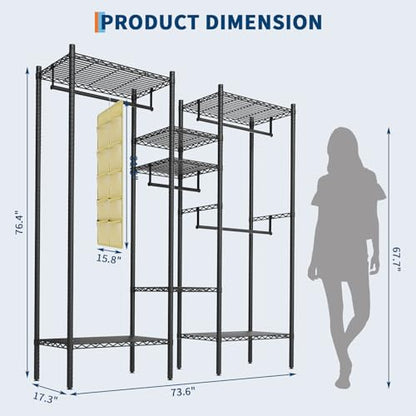 PioneerWorks Heavy Duty Garment Rack 1210 LBS, Commercial Clothing Rack with 4 Adjustable Shelves, Freestanding Wardrobe Closet Organizer, Metal Storage Rack for Home, Retail, Laundry Room - size: 73.6"W x 17.3"D x 76.4"H
