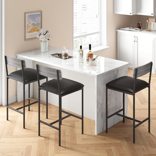 Bar Stools Set of 2, Kitchen Bar Stools with Footrest, Upholstered Bar Chairs with Back, 2 Counter Height Barstools for Counter Bar, Island - color: Grey（chair）