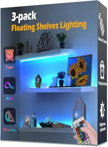 3-Pack Shelf Lights, Upgrade Battery Operated 20inch Led Strip Lights | Color Change with Timer Floating Shelves LED Wall Lights, DIY Led Lights with Remote for Bedroom, Kitchen, Indoor Room Decor