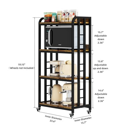 4-Tier Kitchen Baker's Rack with Rolling Wheels, Microwave Oven Cart Stand, Adjustable Utility Shelving Storage Unit, Heavy Duty Organizer Rack for Living Room, Garage, Home and Office(Brown)