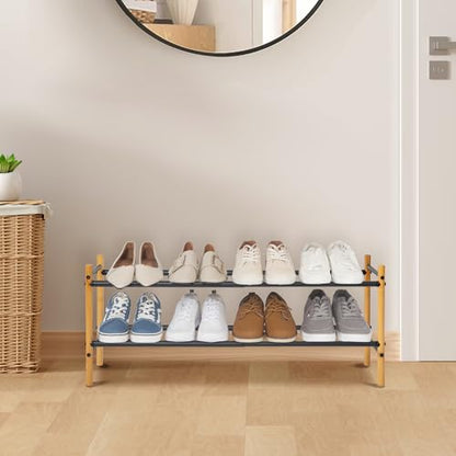 STORAGE MANIAC Expandable Shoe Rack, 8 Pairs Stackable Small Shoe Rack, Metal Adjustable Shoes Organizer for Closet, Entryway, Hallway, Garage, Front Door, Shoes Shelves, Bamboo 2 Tier - size: 2 Tier