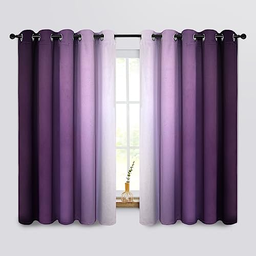 COSVIYA Grommet Room Darkening Ombre Purple Curtains W62xL63 inch | Purple and Greyish White Gradient Drapes, Light Blocking, Insulated Thermal Window Curtains for Bedroom/Living Room,2 Panels - color: Purple to Grayish White, size: 62"W x 63"L (Pack of 2