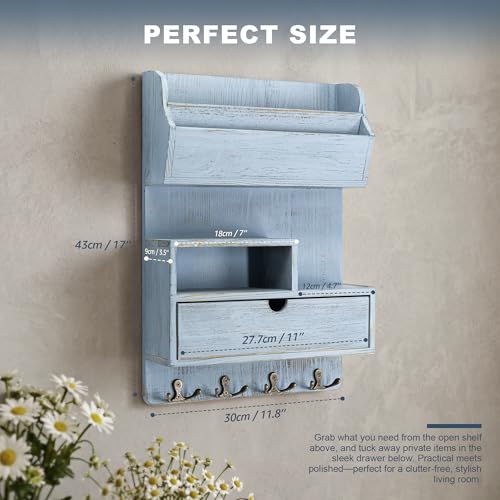 Rebee Vision Pine Wood Key Holder Wall Mount with Shelf & Drawer, Blue | Mail and Key Organizer, Featuring Cubby, 4 Key Hooks, Storage for Letters, Decor Accents and Apartment Entryway Organization - color: Blue