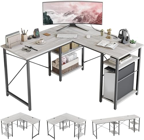 Bestier L Shaped Desk with Shelves 75 Inch Reversible Corner Computer Desk or 2 Person Long Table, Writing Study Desk for Home Office Small Space Bedroom Apartment, Wash White