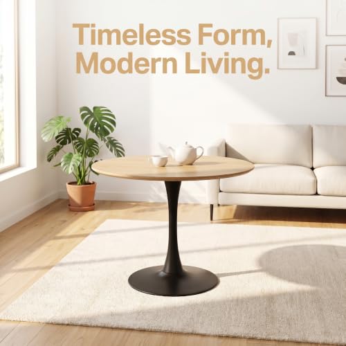 Small Round Dining Table 32" Tulip Table with Metal Pedestal, Wood | Tulip Table with Metal Pedestal & Thick MDF Top, Mid Century Small Bistro Table for Kitchen & Living Room - color: Natural Wood-b, size: 31.5"D x 31.5"W x 29.1"H
