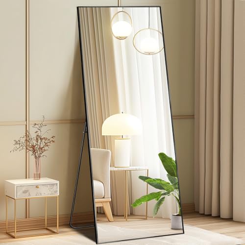 DUMOS 19"x58" Full Length Mirror with Stand, Full Body Floor Mirror | Free Standing or Wall Mount, Nano Glass Aluminum Frame, Hanging or Leaning, Modern Simple Home Decor, Black - color: Black-rect Edge, size: 58"L x 19"W