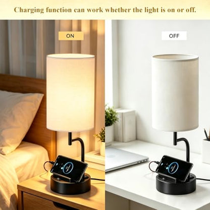Dreamholder 2 Pack Table Lamp, Bedside Lamp with 3 USB Charging Ports & AC Outlet, USB Desk Lamp with 2 Phone Holders, Linen Fabric Shade Nightstand Lamps for Bedroom Living Room Office, Black - color: Black