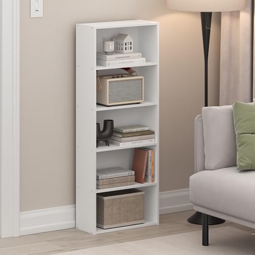 Furinno Basic Book Shelf, 5-Tier Bookshelf, Storage Organizer Bookcase with Open Shelf, 7 x 17 x 44, for Living Room, Bedroom, Home Office, White - color: White, size: 5-Tier, 7 x 17 x 44