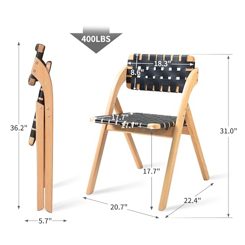 Folding Dining Chairs Set of 2 | Wooden Foldable Chair with Leather-Woven Backrest and Widened Seat Extra for Guests Kitchen Office Wedding Picnic Black - color: Black With Leather Strap, size: 2PCS