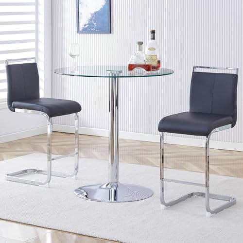 Bar Table and Chairs Set of 2,Round Counter Height Dining Table Set,35” Glass Round Bar Table Set with Black Bar Stools,Sturdy Silver Chrome Base,Small Pub Table Set for Apartment,Kitchen(36"H - color: Silver&black