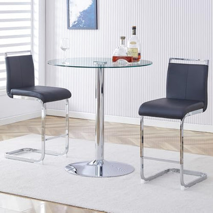 Bar Table and Chairs Set of 2,Round Counter Height Dining Table Set,35” Glass Round Bar Table Set with Black Bar Stools,Sturdy Silver Chrome Base,Small Pub Table Set for Apartment,Kitchen(36"H - color: Silver&black