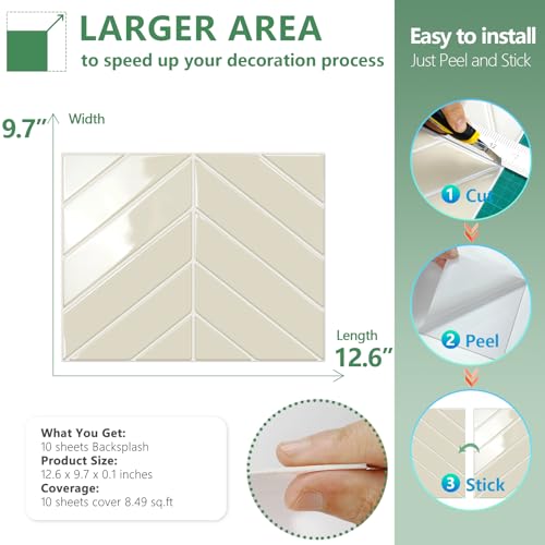 STICKGOO Herringbone Peel and Stick Backsplash, Light Gray Beige, 10 Sheets | 12.6 x 9.7 in, Thicker Rectangular Vinyl Stick-On Wall Tiles, Easy Alignment, Waterproof, Easy to Clean, Kitchen/Bathroom - color: Light Gray Beige, size: Pack of 10