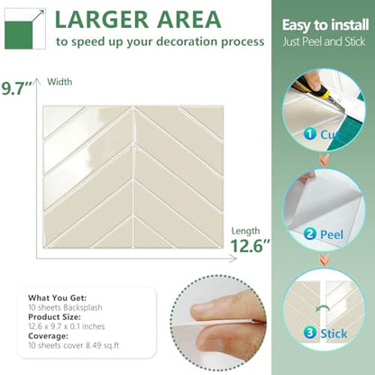 STICKGOO Herringbone Peel and Stick Backsplash, Light Gray Beige, 10 Sheets | 12.6 x 9.7 in, Thicker Rectangular Vinyl Stick-On Wall Tiles, Easy Alignment, Waterproof, Easy to Clean, Kitchen/Bathroom - color: Light Gray Beige, size: Pack of 10