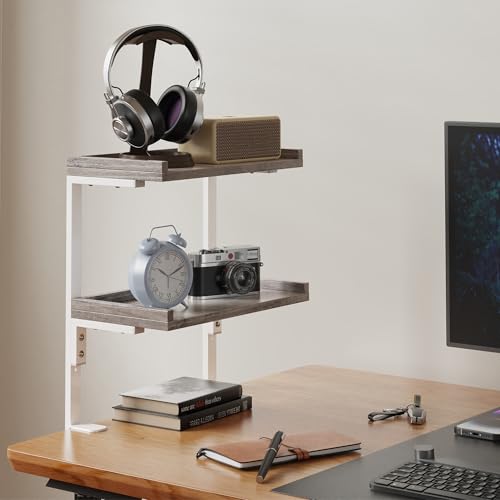 Clamp On Desk Shelf 2-Tier, Wood Shelving Unit for Office Desk/Gaming Accessories, Tabletop Book Storage Rack, Shelf for Top of Desk, Grey - color: 2-tier 12.5 Inches Grey