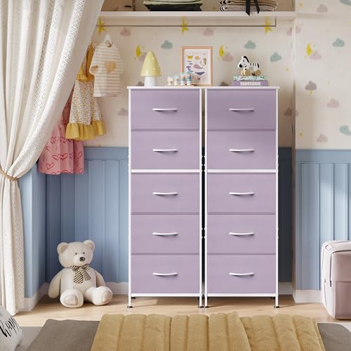 WLIVE Tall Dresser for Bedroom, 5 Drawer Dresser, Purple | 5 vertical fabric drawers, Tall vertical design, Bedroom or closet use, Dresser for small spaces, Chest of drawers - color: Purple
