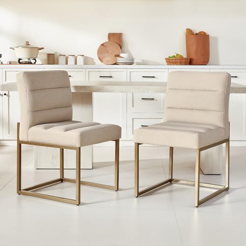 GrandNoor Modern Khaki Linen Fabric Dining Chairs Set of 2, Soft Thick Upholstered Kitchen Chairs with Gold Sturdy Metal Legs,Adjustable Foot Pads Dining Room Chairs - color: Khaki Linen, size: 2PCS Dining Chairs