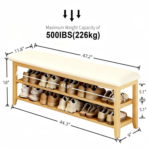 Wooden Shoe Storage Bench with Leather Cushion, Natural, 47.2" | Rustic Solid Wood Entryway Bench, Shoe Rack Bench for Hallway, Front Door, Equipped with 2 Height-Adjustable Shelves - color: Natural Wood, size: 47.2"L x 11.8"W x 18"H