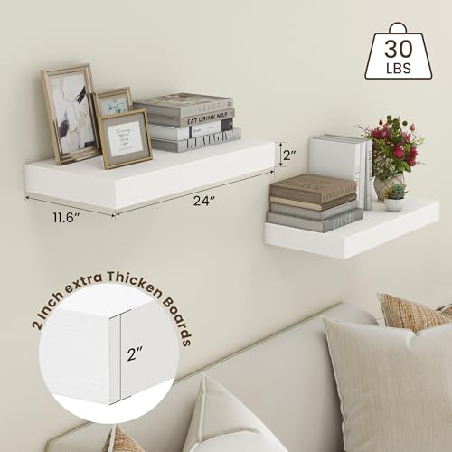 Deep Floating Shelves, 24'' x 12'' White Shelves for Wall Set of 2 | Invisible Brackets, Engineered Wood, Mounting Hardware Included, 40LBS, Bathroom, Laundry Room, Kitchen, Living Room - color: White, size: 24W x 11.6D x 2H, 2 Pack
