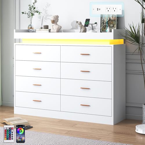 jiteentarou 8 Drawer Dresser with Charging Station and LED Lights, Modern Chest of Drawers with Power Outlet, Organizer Cabinet for Bedroom, Living Room, White - color: White, size: 15.4"D x 47.2"W x 43"H (8 Drawers)