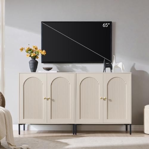 IFBUY 61.75" W Mid Century Modern TV Stands for Living Room, Cream | Wood Entertainment Center w/Adjustable Shelves, Media Console w/Arched Fluted Doors, Entryway Cabinet Fits 65, 70, 75 Inch TV - color: Cream, size: 15.75"D x 61.75"W x 34"H